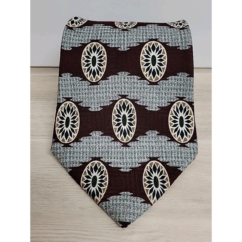 Bill Blass Black Label Mens Silk Necktie Gray Maroon Green Geometric Abstract